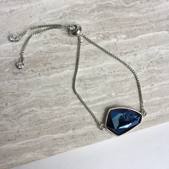 Blue druzy geode adjustable chain bracelet, Silver - Picture 4 of 7